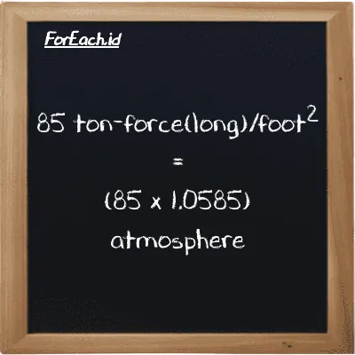 How to convert ton-force(long)/foot<sup>2</sup> to atmosphere: 85 ton-force(long)/foot<sup>2</sup> (LT f/ft<sup>2</sup>) is equivalent to 85 times 1.0585 atmosphere (atm)